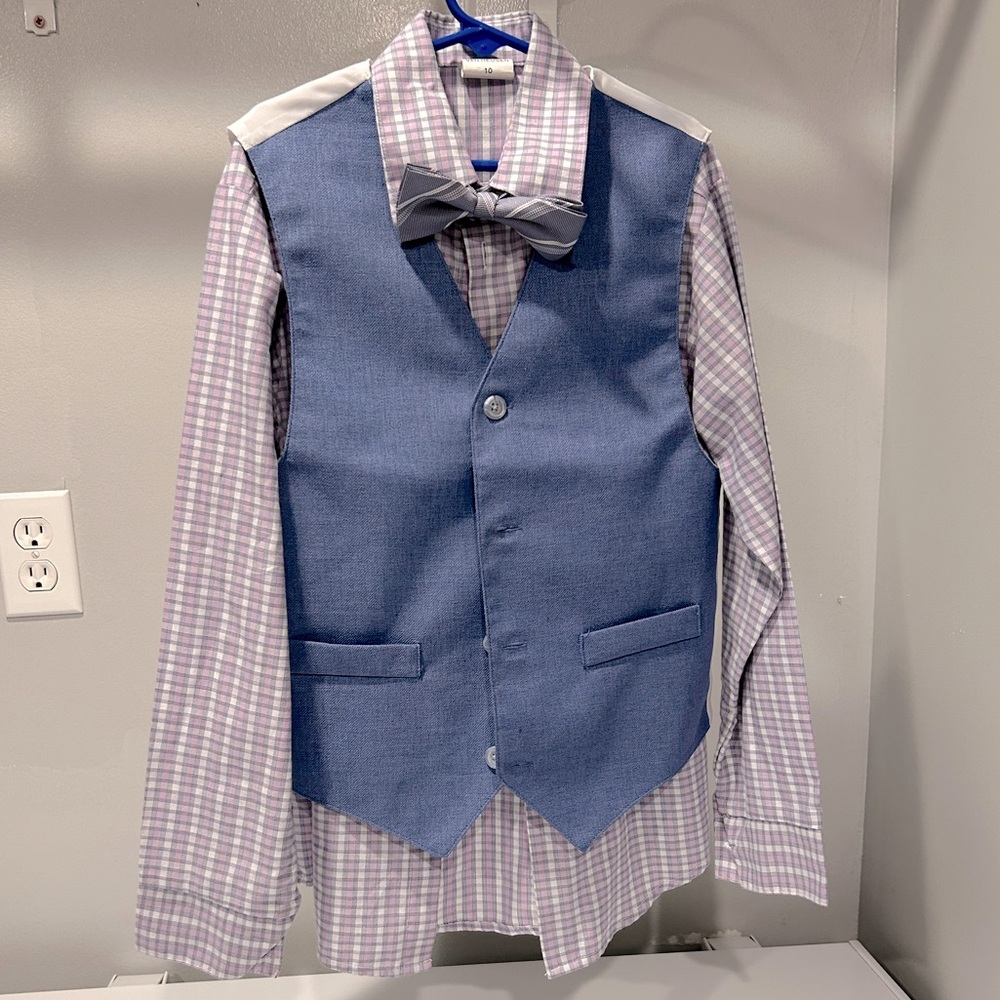 Van Heusen Blue Vest with Lavender Check Shirt and Gray Bow Tie Set